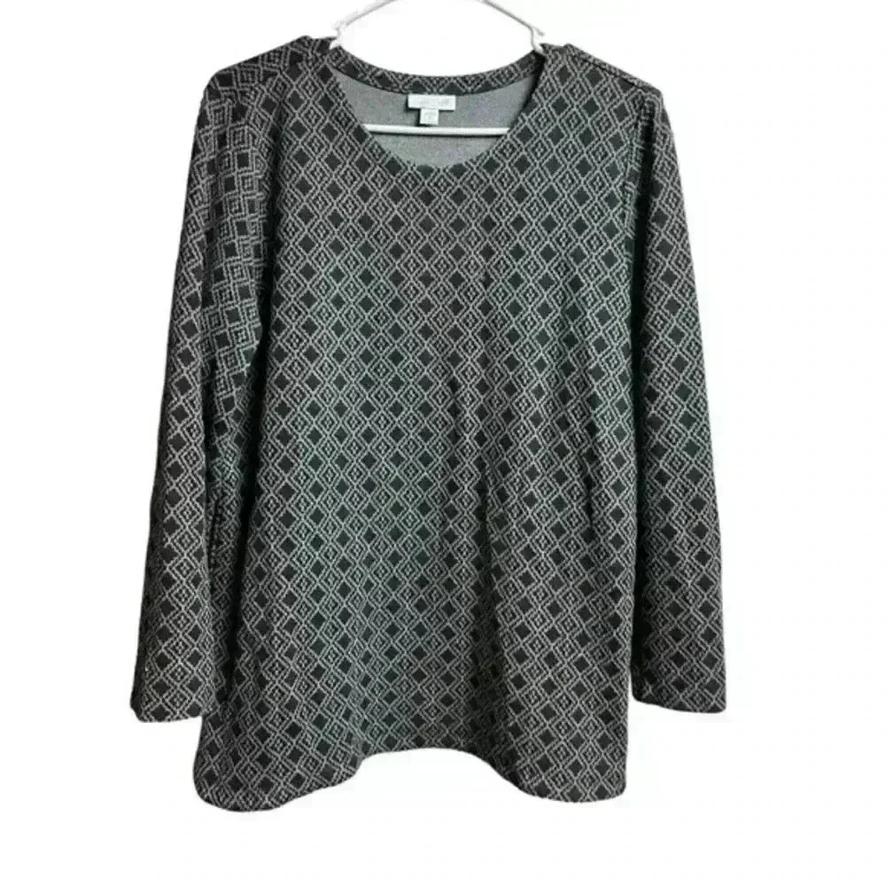 J.jill Women's Ponte Geometric Printed Long Sleeve Casual Top in Black and Gray